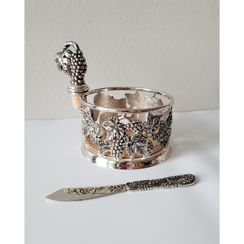 Vintage Godinger Silver Wine Coaster Cork StopperCheese Knife Grape Set